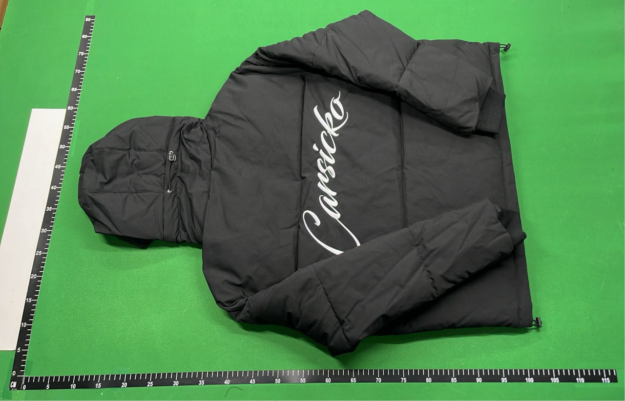 Men's Black Puffer Jacket with Hood and Abstract Design -2